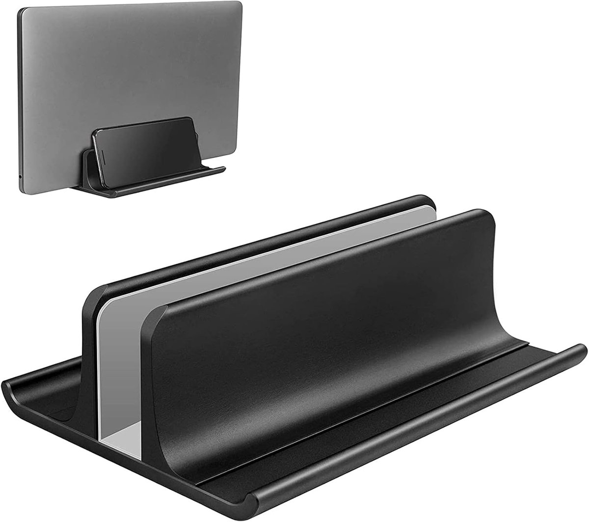 Verticale laptopstandaard, verstelbaar, aluminium, 3-in-1, ruimtebesparend, voor MacBook, notebook, iPad, laptops tot 17,3 inch - zwart