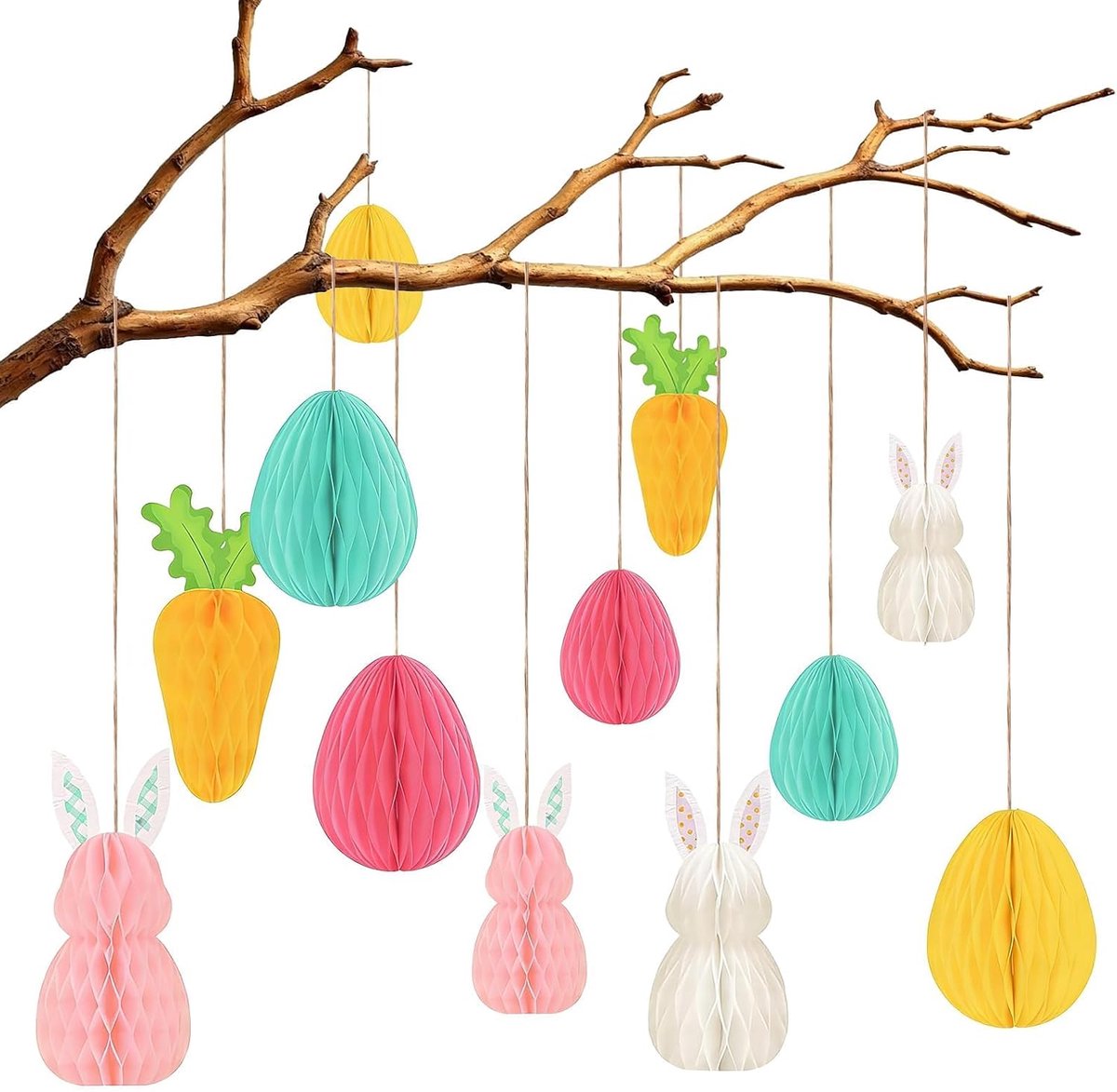 10 stuks papieren haas paashaas paasdecoratie, honingraatpaashaas herbruikbare paasdecoratie, 20 cm x 6 + 30 cm x 4, paashaas van zijdepapier, honingraatpapier, om op te hangen, blauw, geel, roze