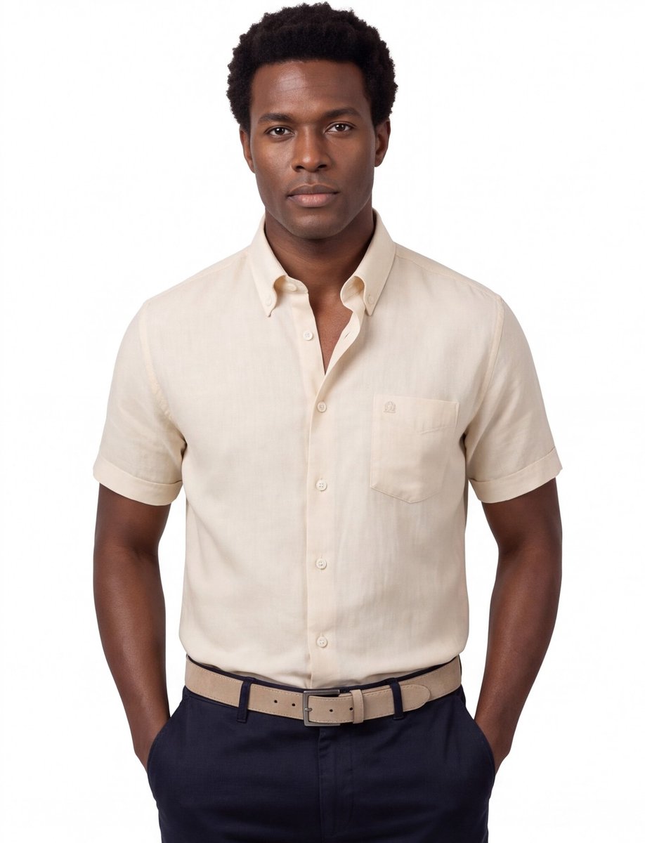 Ledub Modern Fit creme linnen korte mouw