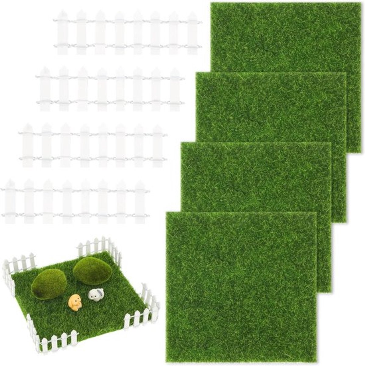 4 Stuks Miniatuurtuin Kunstgras 15 x 15 cm Met Hekken - Grasmat Voor Microlandschap, Bonsai, Modelbouw en Poppenhuis