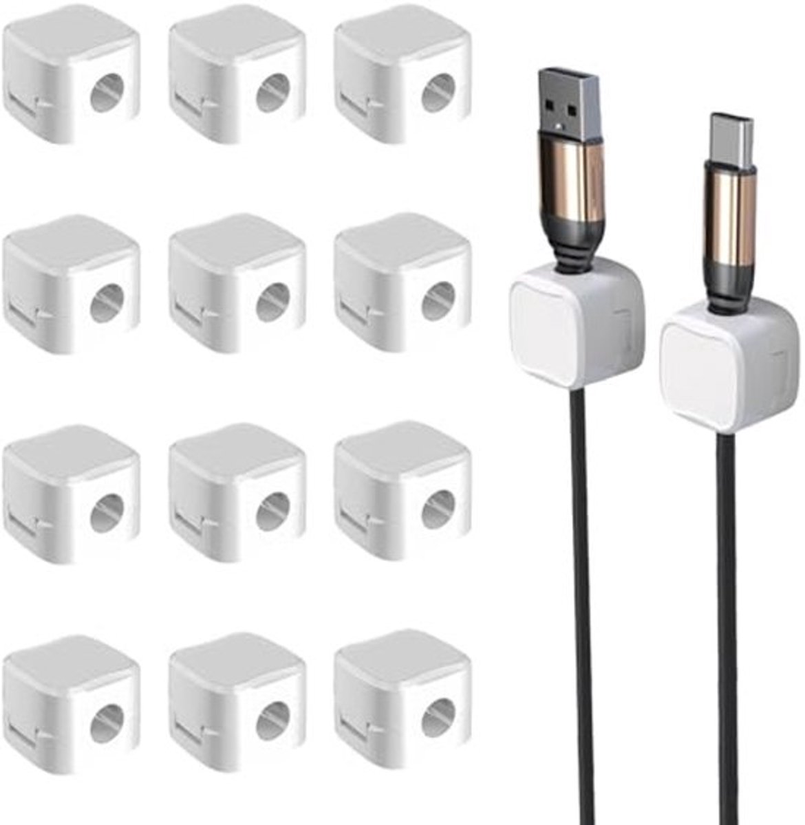 12-delige magnetische bureau-kabel-organizerset met verstelbare kabelklemmen, zelfklevende houders, keuken en oplaadkabel - wit