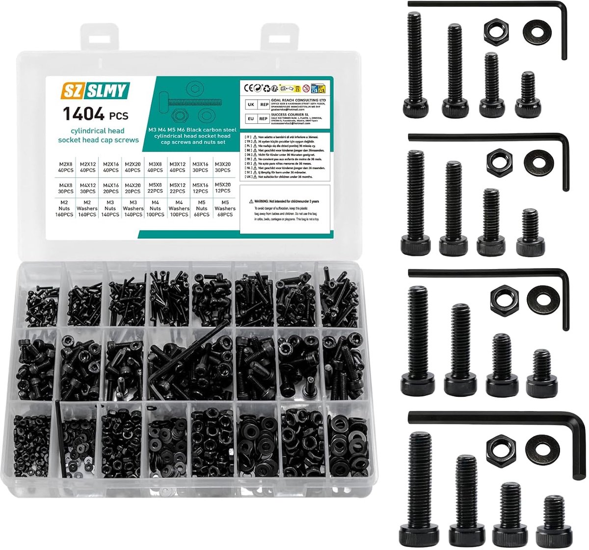 Schroeven set 1404 stuks - cilinderschroeven M2 M3 M4 M5 - zwart staal - robuust en duurzaam - SnelShoppen