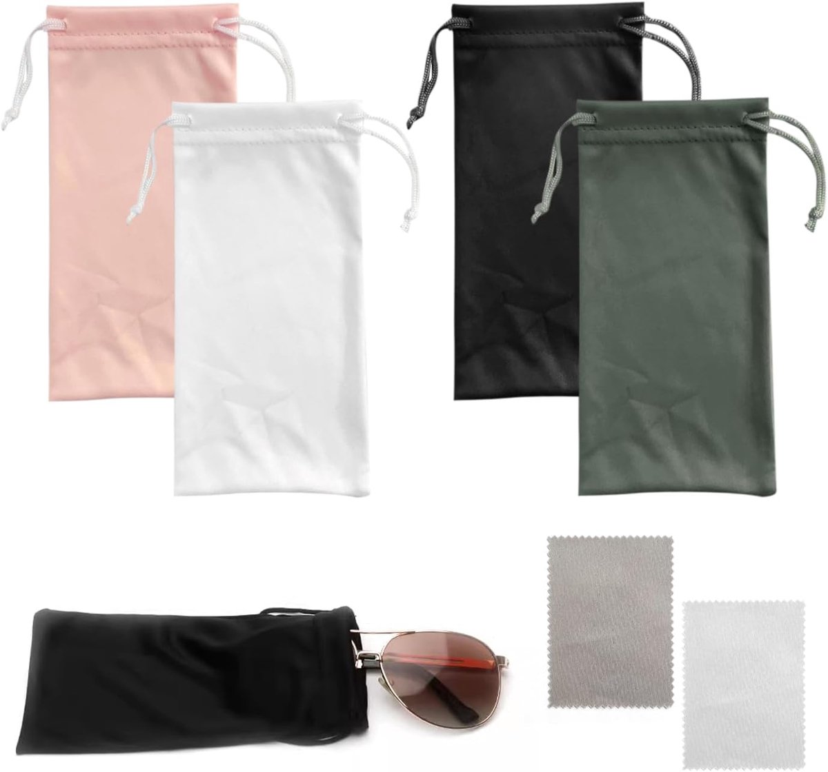 Glazen tassen 4 stuks - stoffen trekkoordzakken - zwart, wit, grijs, roze - ideaal voor brillen en mobiele telefoons - SnelShoppen