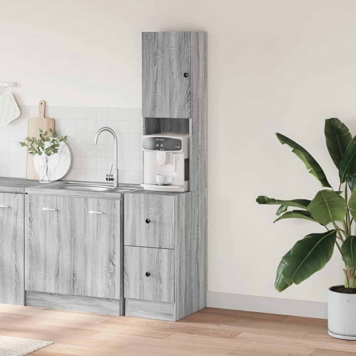 Keukenkast - Servieskast Hout - Keuken Opbergen - Intelligente Indeling - 35x50x180 cm - Grijs Sonoma