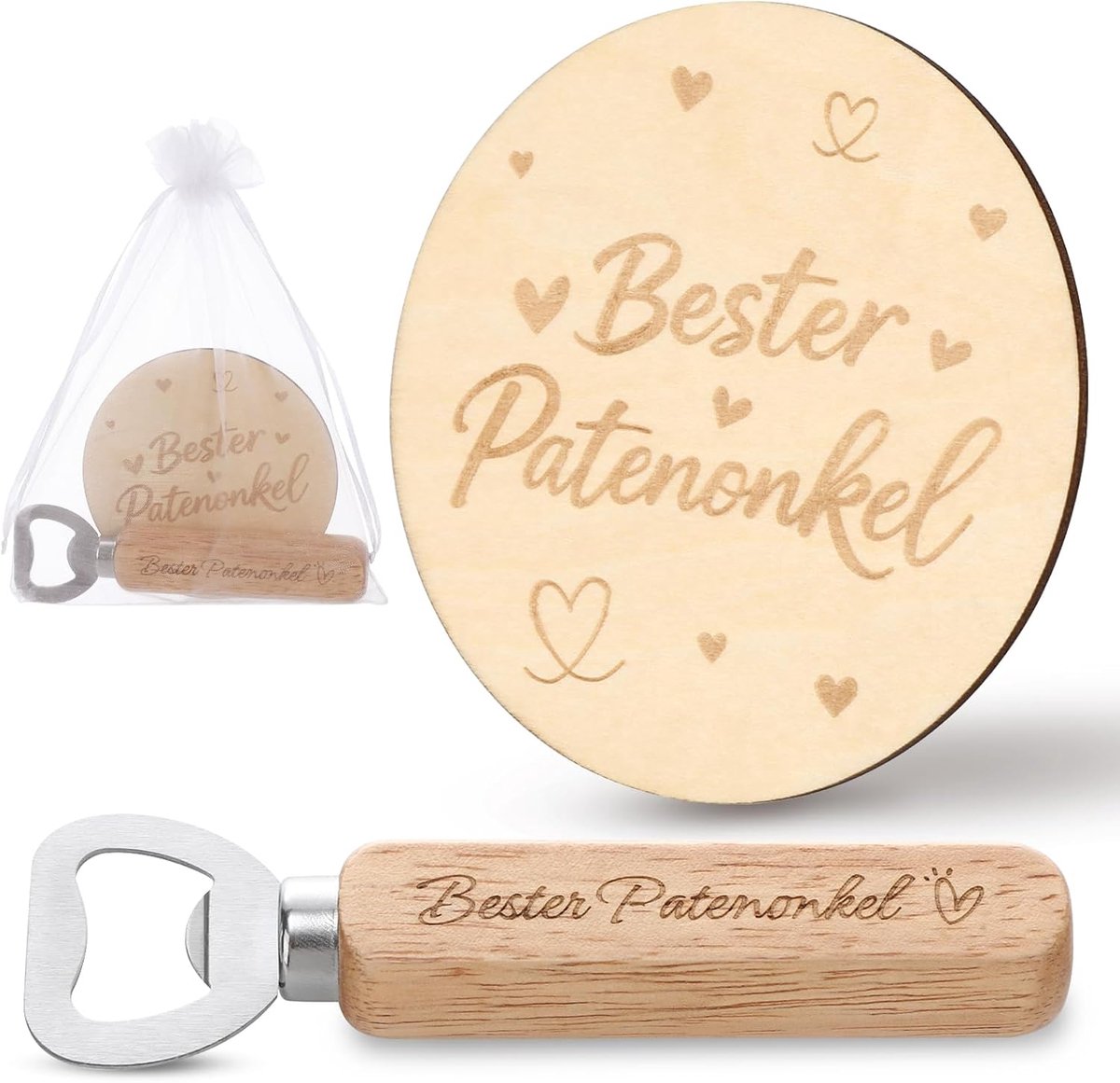 Flessenopener houten set - met onderzetter - beste peetoom - perfect cadeau voor doop - ShopVlot