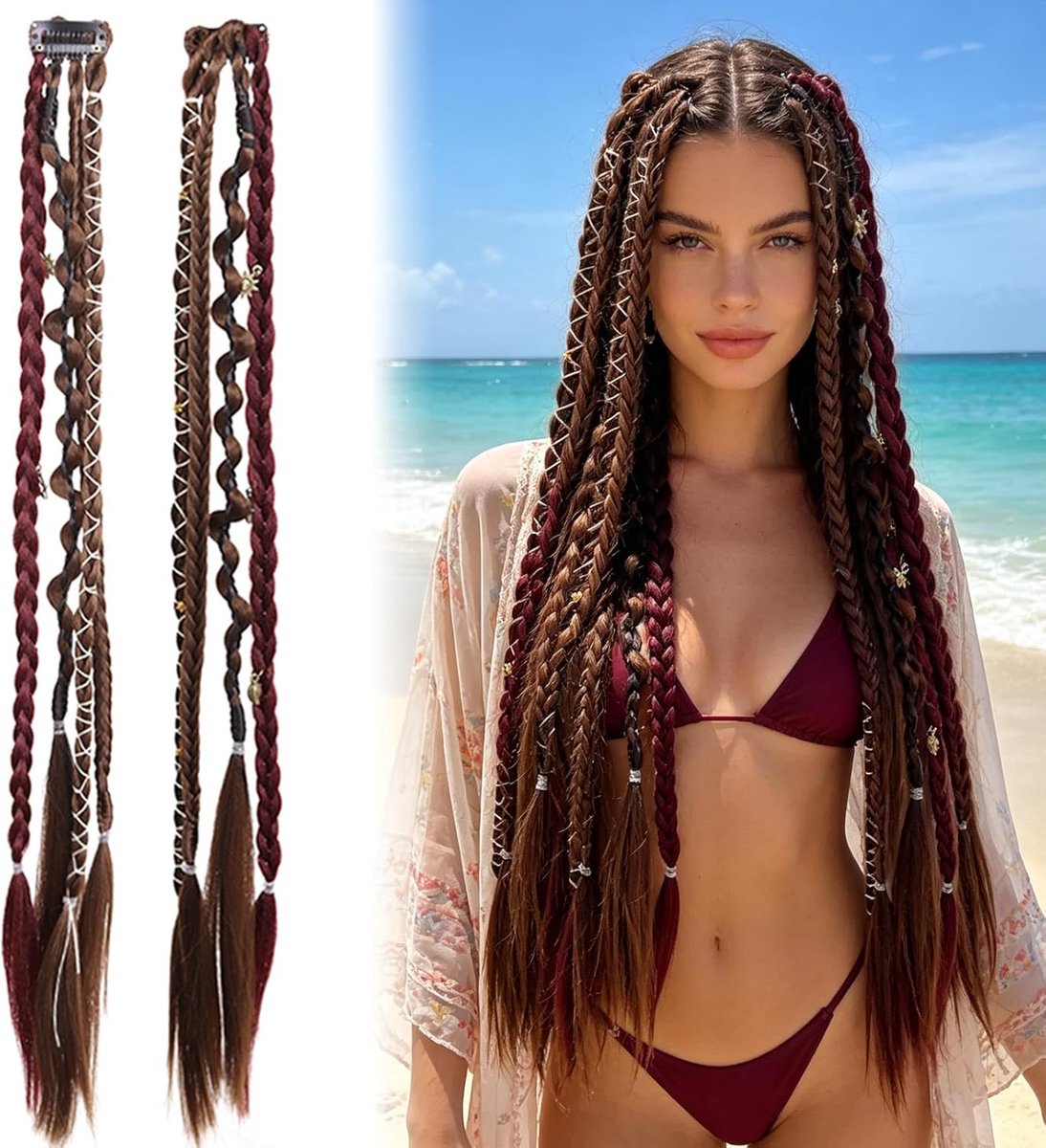 Gevlochten haarextensies set van 2 - synthetisch haar - 50 cm - clip-in voor feesten - ShopVlot