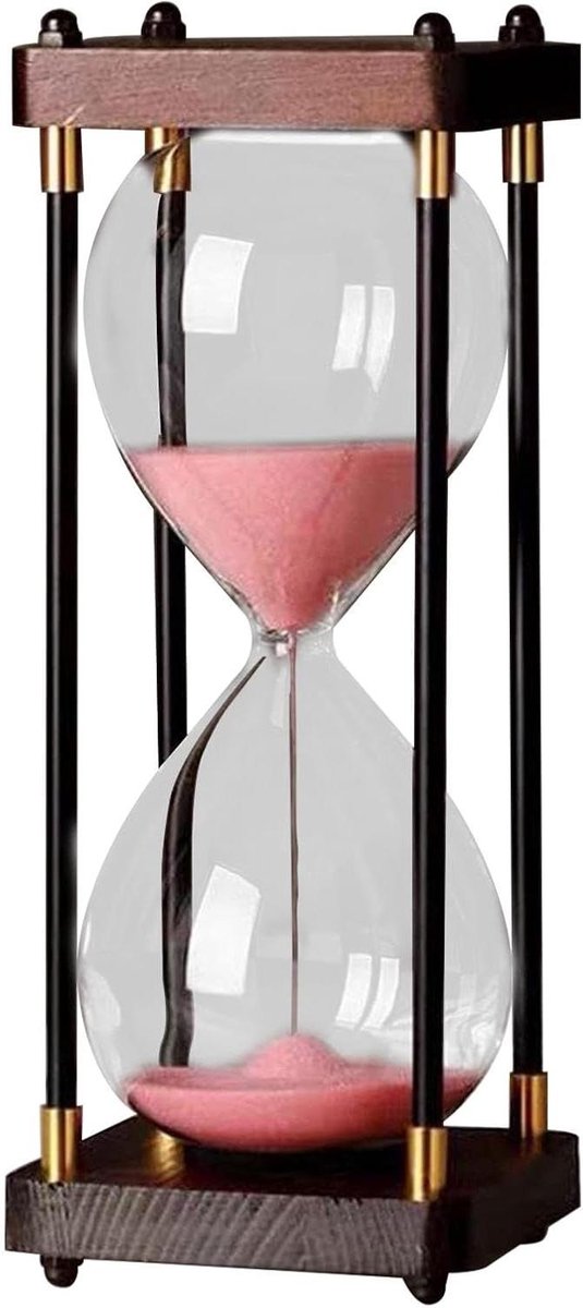 Zandloper 60 minuten - Zandtimer Vintage - Bureau decoratie - Houten standaard - 12x12x25 cm - Roze