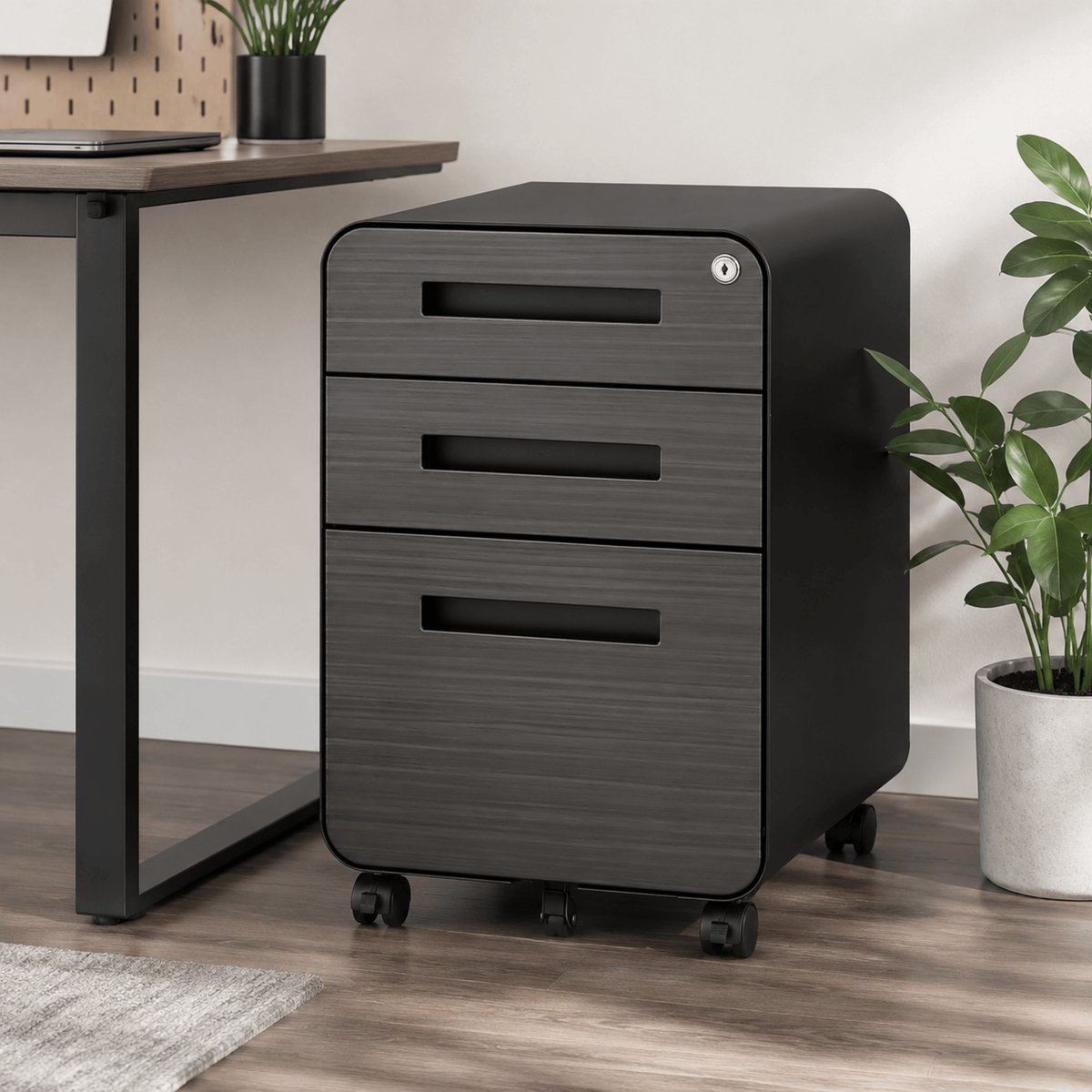 MODENUIT Archiefkast - Mobiele Drie-Ladekast Met Slot En Wielen - Onder Bureau Voor Kantoor - Metaal - Zwart - 40x46x58 Cm