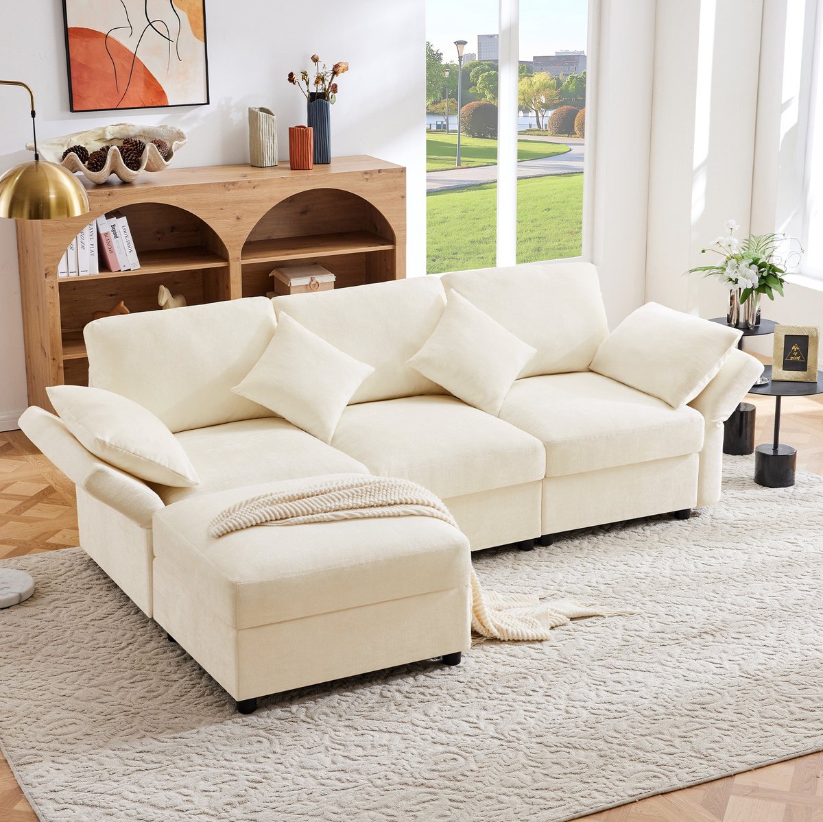 MEUNIQ hoekbank 218 x 156,5 cm met hocker, 4 kussens en verstelbare armleuningen, 3-zits bank van chenille voor woonkamer of appartement, beige