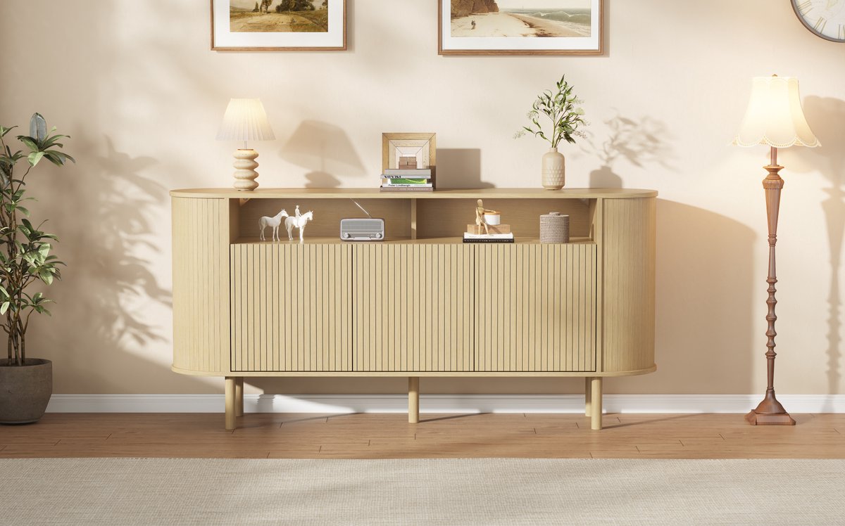 Dressoir - Modern Met 3 Deuren En Open Vak - Voor Woonkamer, Hal En Eetkamer - Spaanplaat - Naturel - 160 X 40 X 78,5 Cm