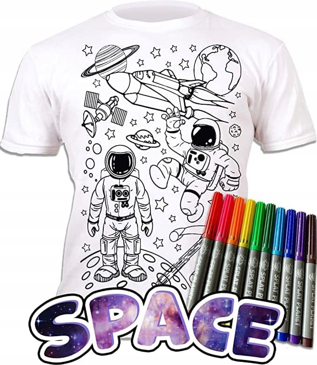 Merkloos T-shirt met 10 Uitwasbare Markers - Ruimte Thema - 7-8 Jaar