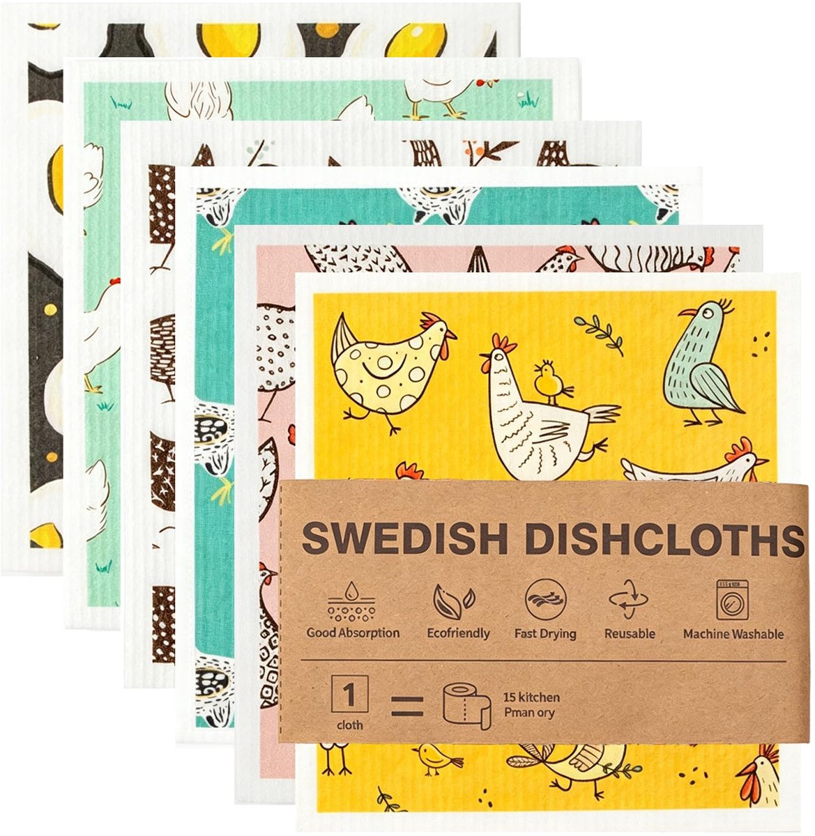 Zweedse vaatdoekjes 6 pack - composteerbaar - sneldrogend - pluisvrij (kippenpatroon) - ShopVlot