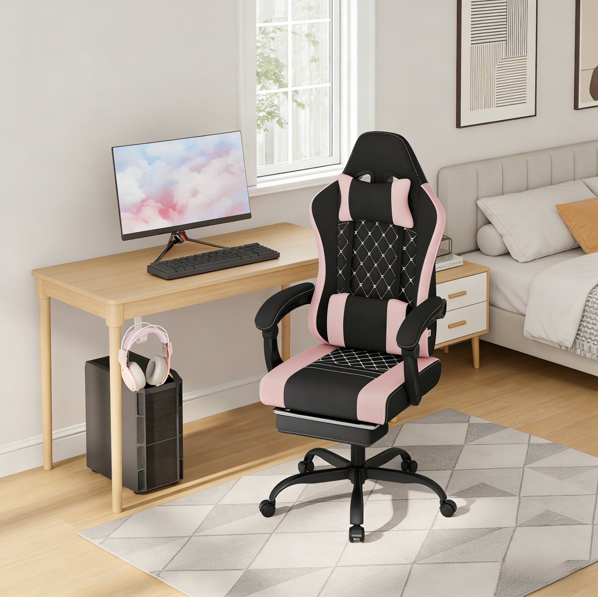 MODFU Gamingstoel - Massage Lendenkussen - Ergonomisch - Mesh - Zwart Roze - 70 X 70 X 127 Cm