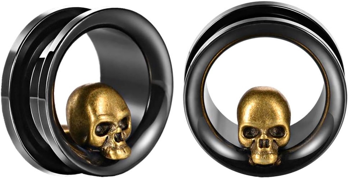 1 paar oormeters piercing zwart oor tunnels schedel pluggen roestvrij staal schroef oorbellen.