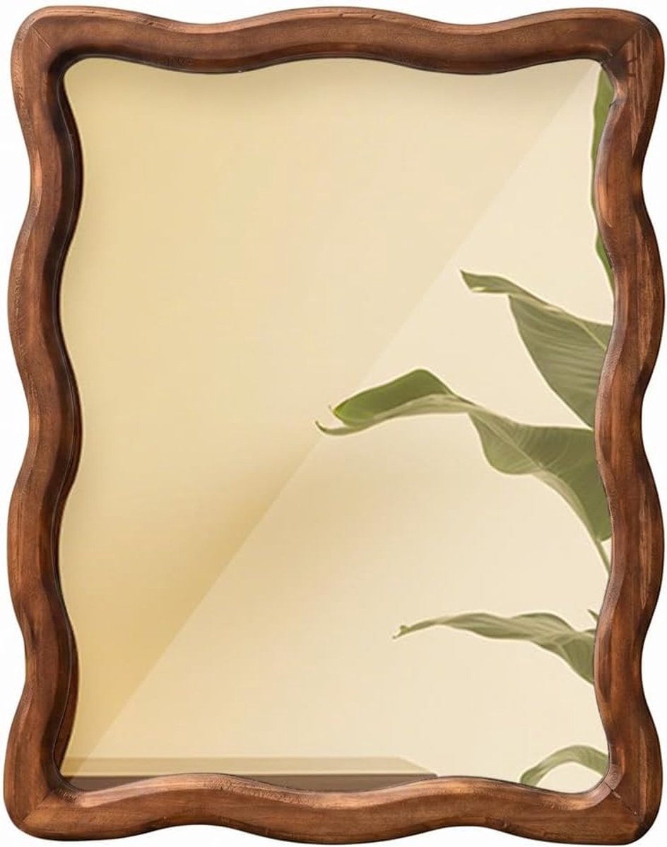 Decoratieve wandspiegel om op te hangen, golvende rechthoekige spiegel, houten frame voor badkamer, woonkamer, entree, 22,5 x 2 x 27,5 cm