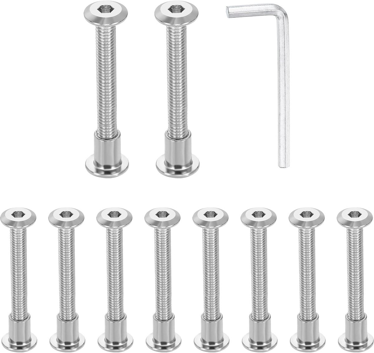 Sets zeskantverzonken bouten M6 x 50 mm en moeren M6 x 10 mm met zeskantsleutel M4 aansluitbouten en schroeven voor meubels verzonken kop riem zilver