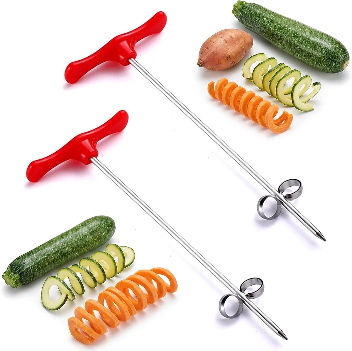 2 Stuks Handmatige Groentespiralizers, Rode Handmatige Spiraalsnijders voor Aardappelen, Wortelen & Komkommers - Maak Gezonde Koolhydraatarme Noodles, Feestelijke Snacks & Decoratieve Garnering