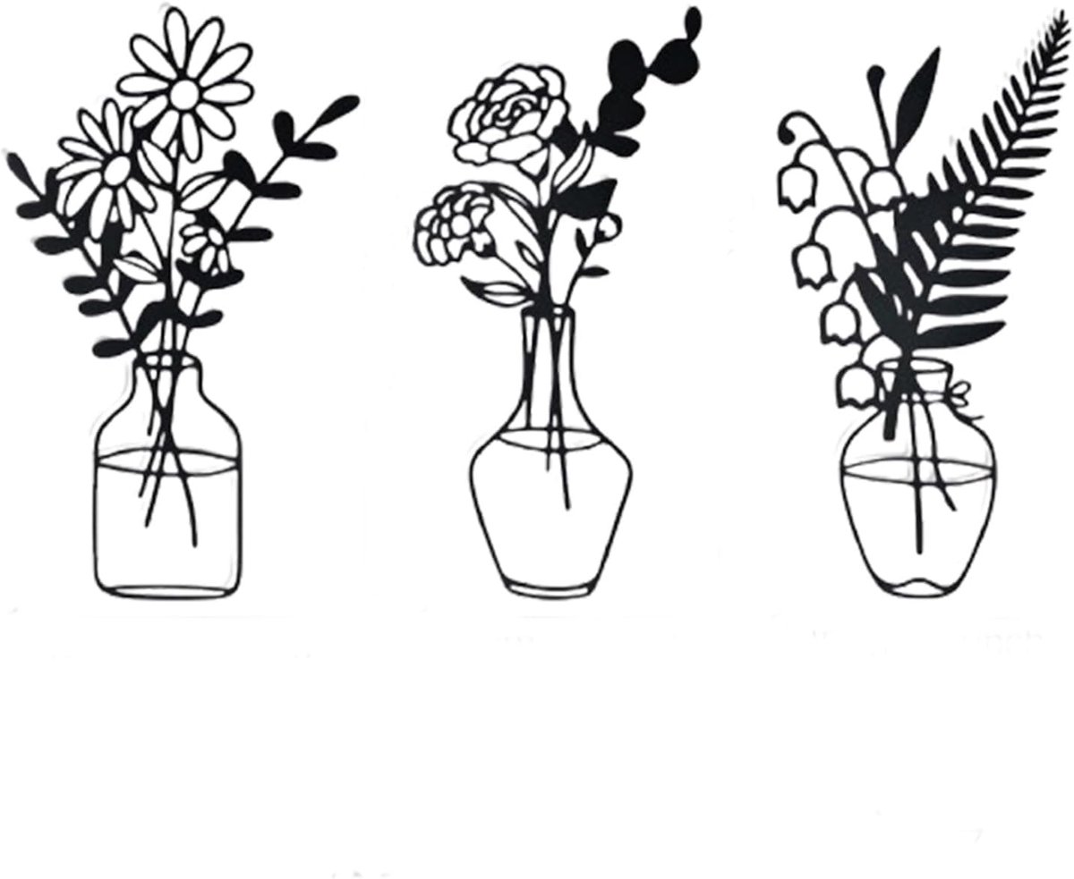 3 stuks zwarte bloemen keuken wanddecoratie, wanddecoratie, metaal, muurkunst, badkamerdecoratie, metalen bloemen vaas, wanddecoratie, voor terras, balkon, woonkamer, eetkamer, badkamer