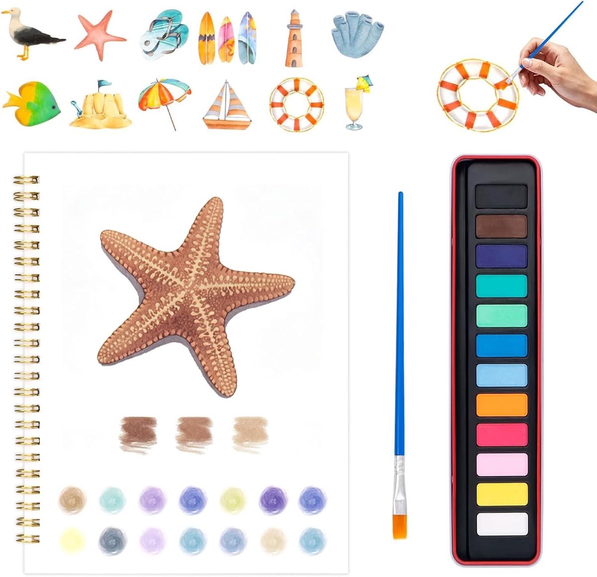 Kleurboek voor volwassenen, aquarelwerkboek met kustthema inclusief palet en penseel, geschikt voor beginners, kleurboek met natuurthema voor volwassenen, creatieve mandala cadeau-set voor