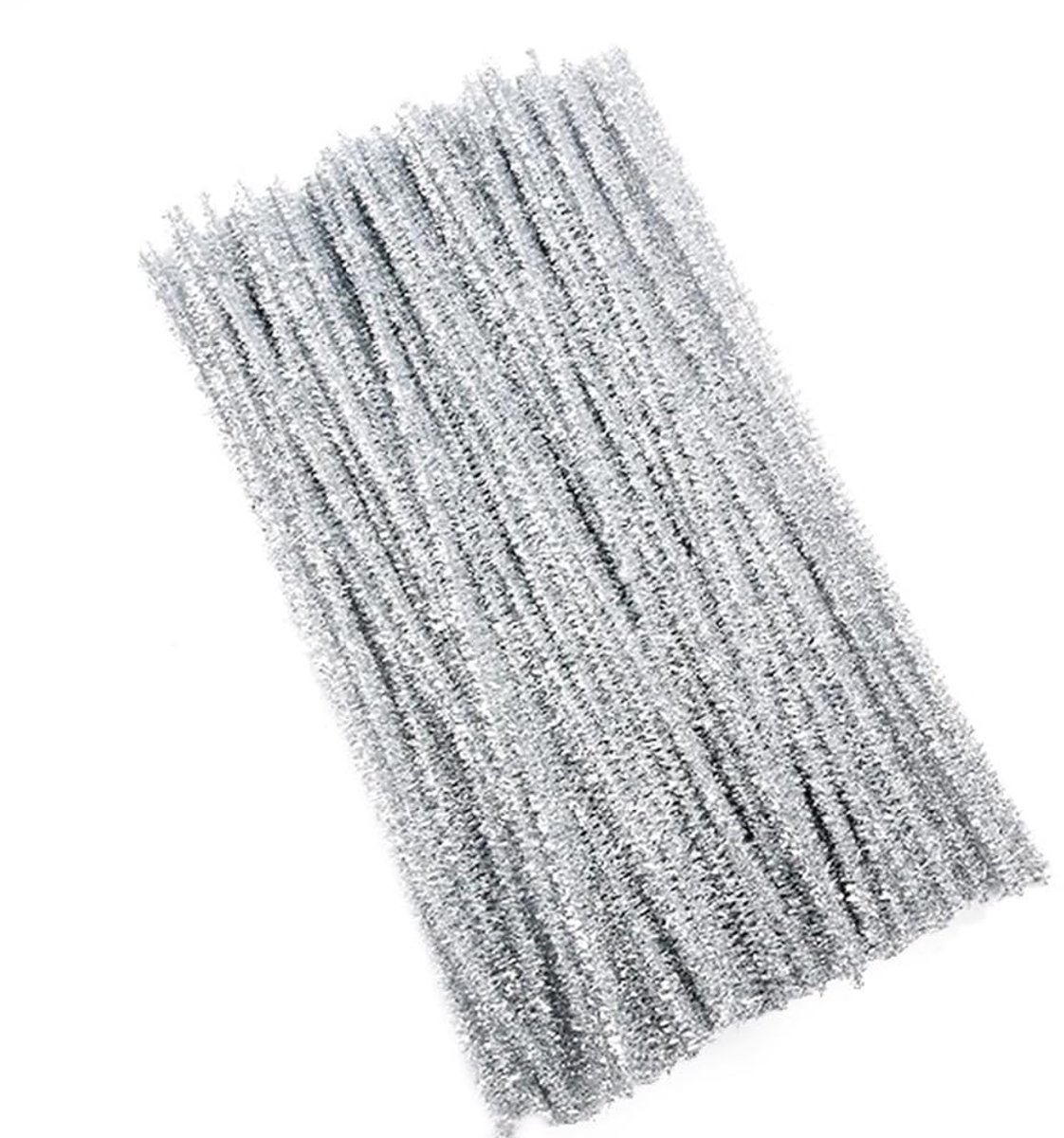 Set van 100 stuks glitterpijpenreinigers, zilverkleurig, chenilledraad, 30 cm, pijpenrasserdraad voor doe-het-zelf knutselprojecten, chenilledraad, buigpluche voor knutselen en decoreren