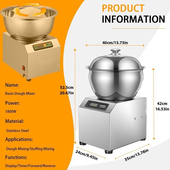 Deeg Mixer - Kneedmachine Keuken - Bakken Brood - Krachtige Motor - 8 kg Capaciteit - Zilver — afbeelding 4