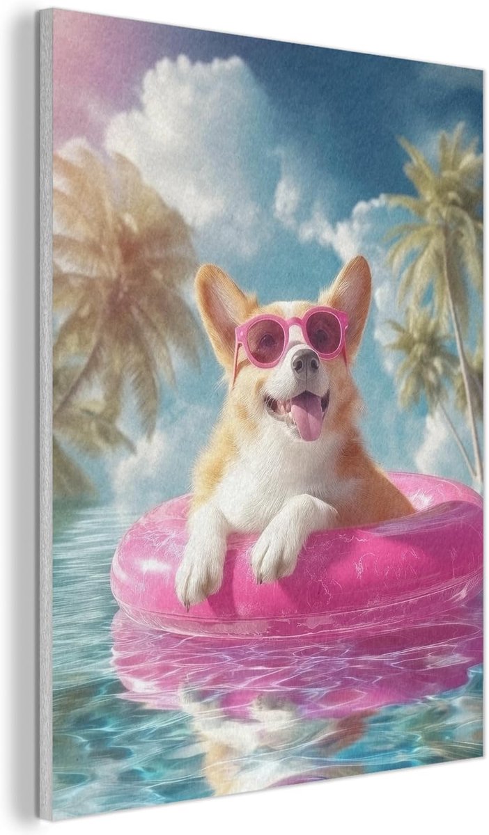 "MuchoWow© Vilten Wandpaneel 30x40 cm Kamer Muurdecoratie Woonkamer Slaapkamer Room Decor Wall Decoration Felt Art Panel Corgi - Zwemband - Roze - Zonnebril"