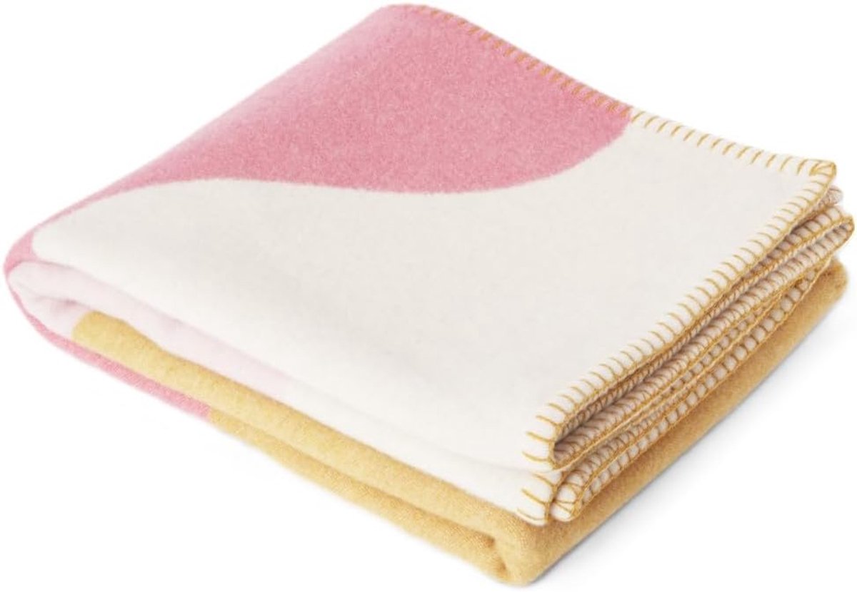 Plaid mohair-blanket L 130 cm W 170 cm - mohair wol - roze-crème-geel - sfeervol en warm - SnelShoppen