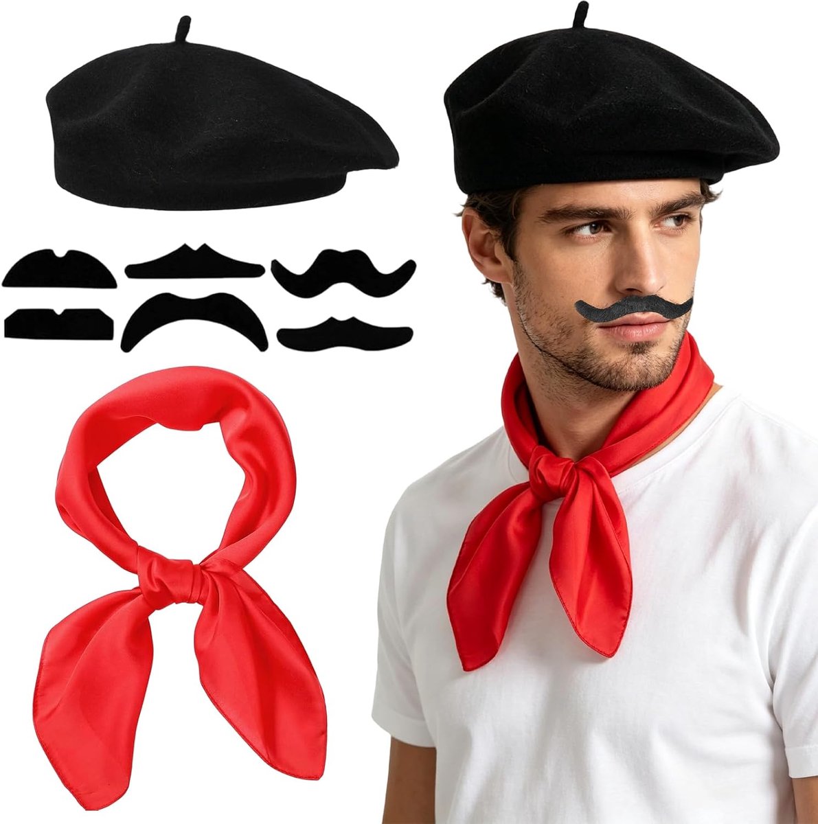 8-delig Frans kostuum, uniseks, kunstenaarskostuum voor volwassenen, mimo-set met baskenmuts, baard, sjaal, voor themafeesten, carnaval, cosplay, Halloween