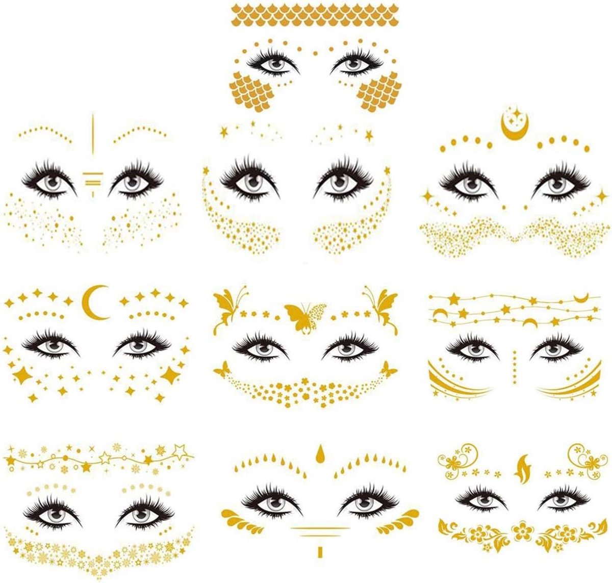 10 Stuks Gezicht Tattoo sticker, hot Stamping Tattoo Sticker, Gouden Tijdelijke Gezicht Tatoeages Waterdichte Make up Stickers voor Meisjes Vrouwen in Festival Feest en Podium Prestaties