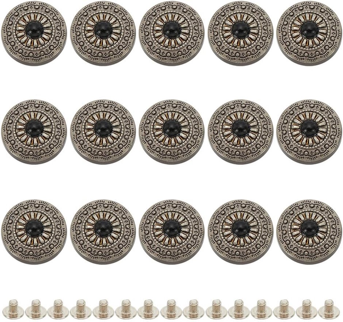 15Pcs 1,2 cm Zwart Daisy Decoratieve Gesp Ronde Conchos Schroef Terug Knoppen Vintage Westerse Stijl Vervanging Gesp Voor Portemonnee Tas Diy Lederen Craft Stoffen Accessoires
