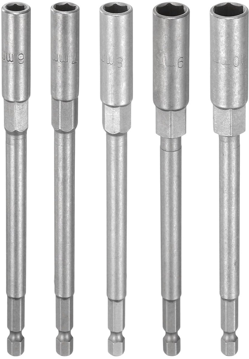 5 stuks dopsleutels, 6-10 mm dopsleutelset notenboorbits, 1/4 inch zeskantige schacht 150 mm extra lang staal, boutset voor boren, accuschroevendraaier