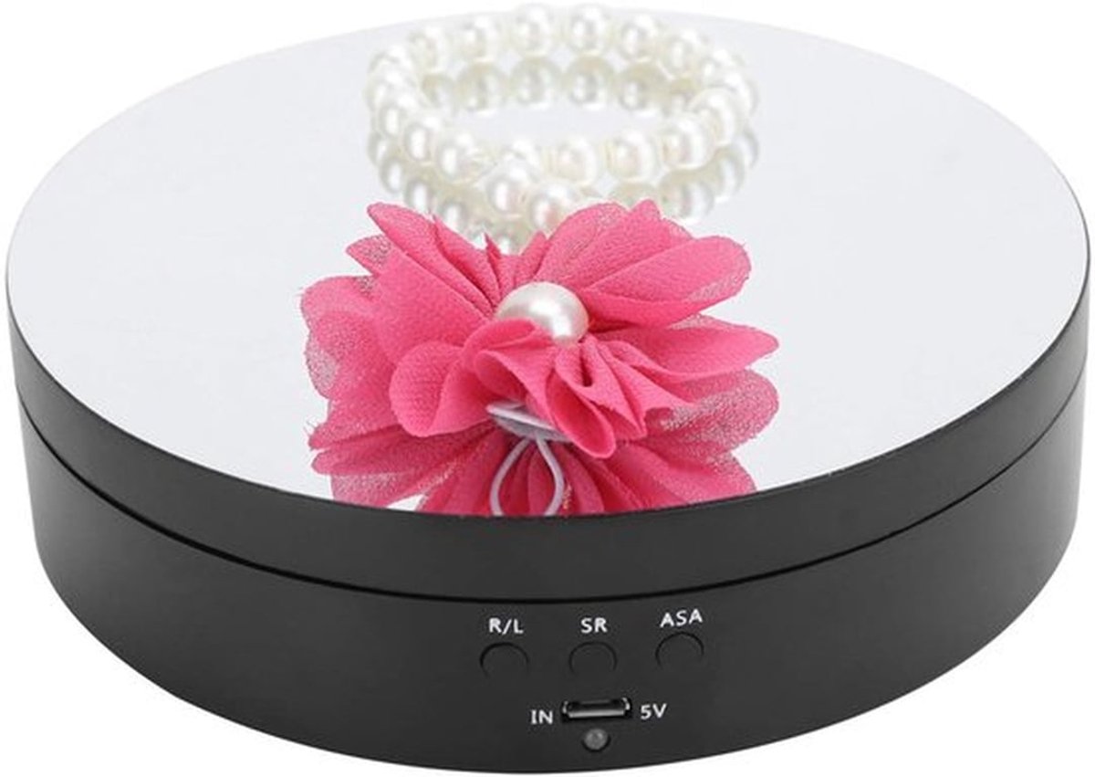 Draaiende display, 360 graden, 3 snelheden, USB oplader, draaitafel, elektrisch, 5,43 inch, spiegeloppervlak, gemotoriseerde draaitafel voor het tonen van sieraden, horloges (zwart)