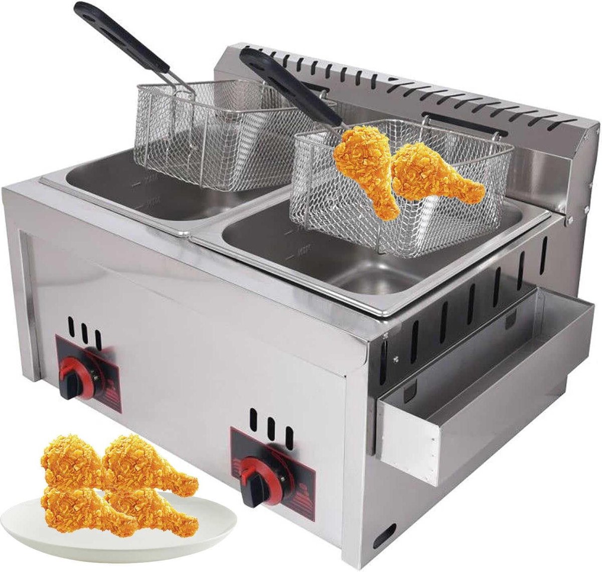 Gas Frituurpan - Dubbele Frituurmand - Grote Porties Frituren - Roestvrij Staal - 2x10L - Zilver