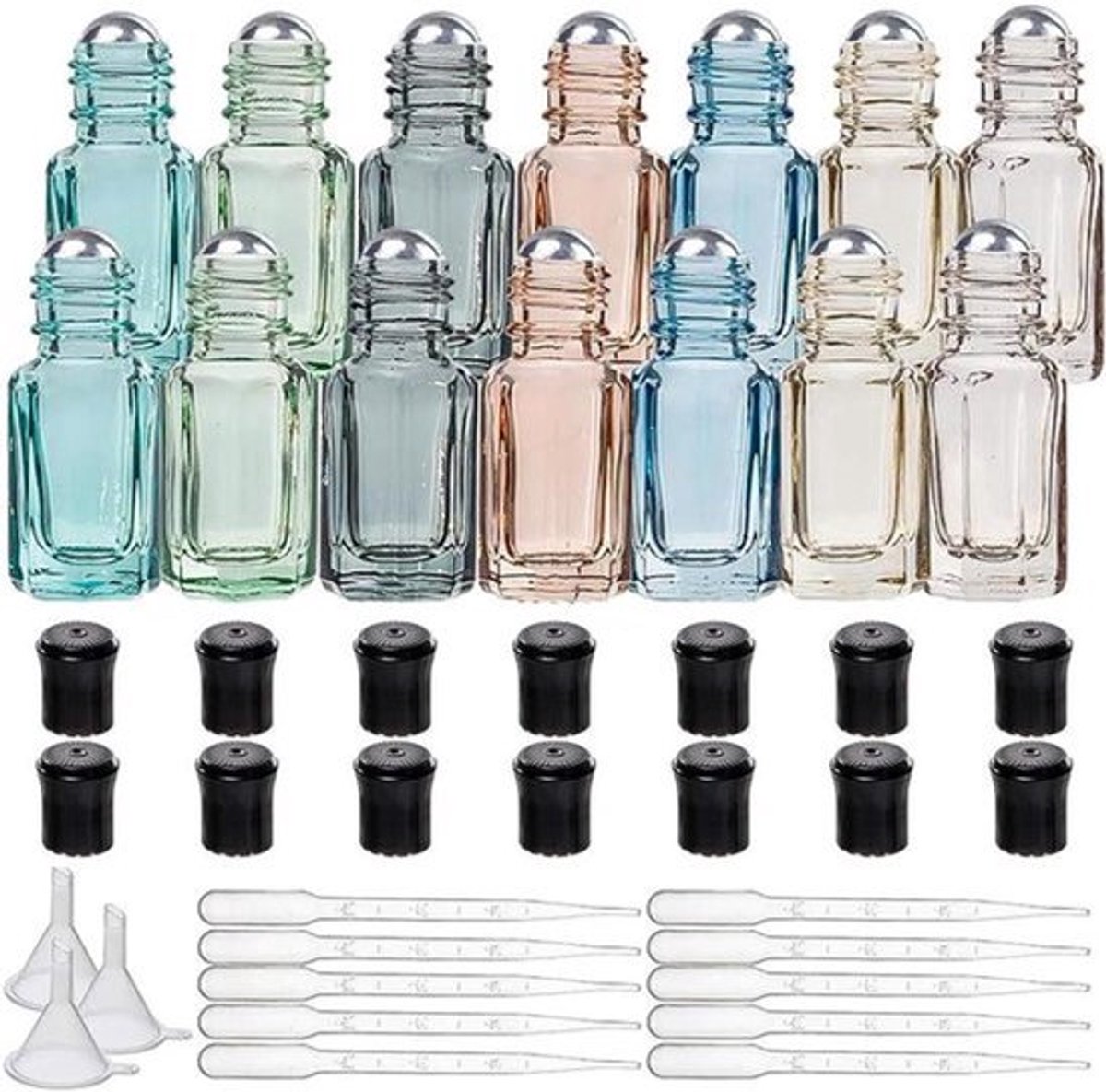 Lege glazen flessen van 3 ml in 7 kleuren voor aromatherapie - Set van 14 stuks met pipetten