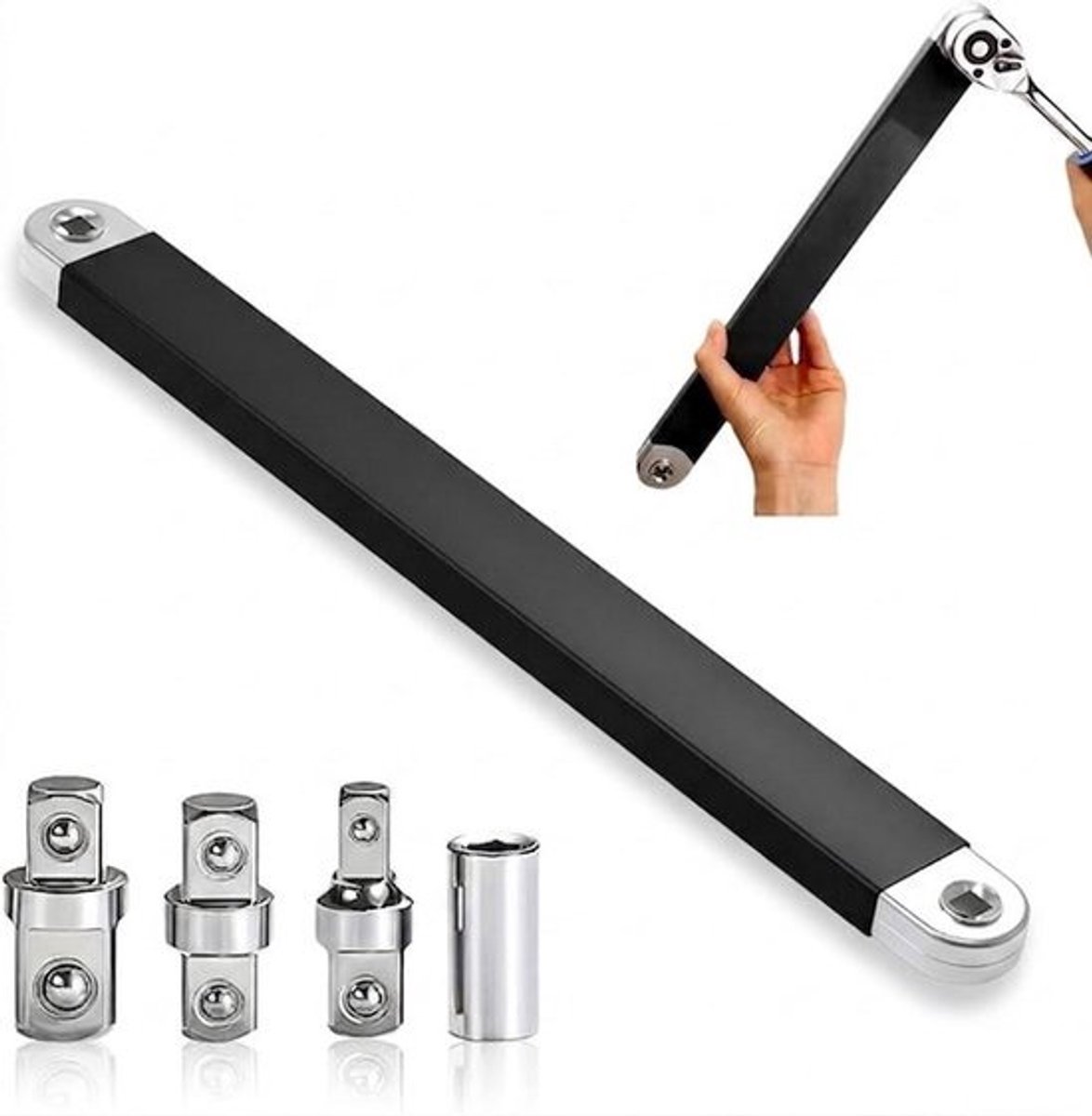 Offset-verlengsleutel – Multifunctionele ratel-vlakke sleutel, inklapbare dopsleutelverlenging, verlengsleutel met 1/2", 1/4" en 3/8" aandrijfadapters, Zwart