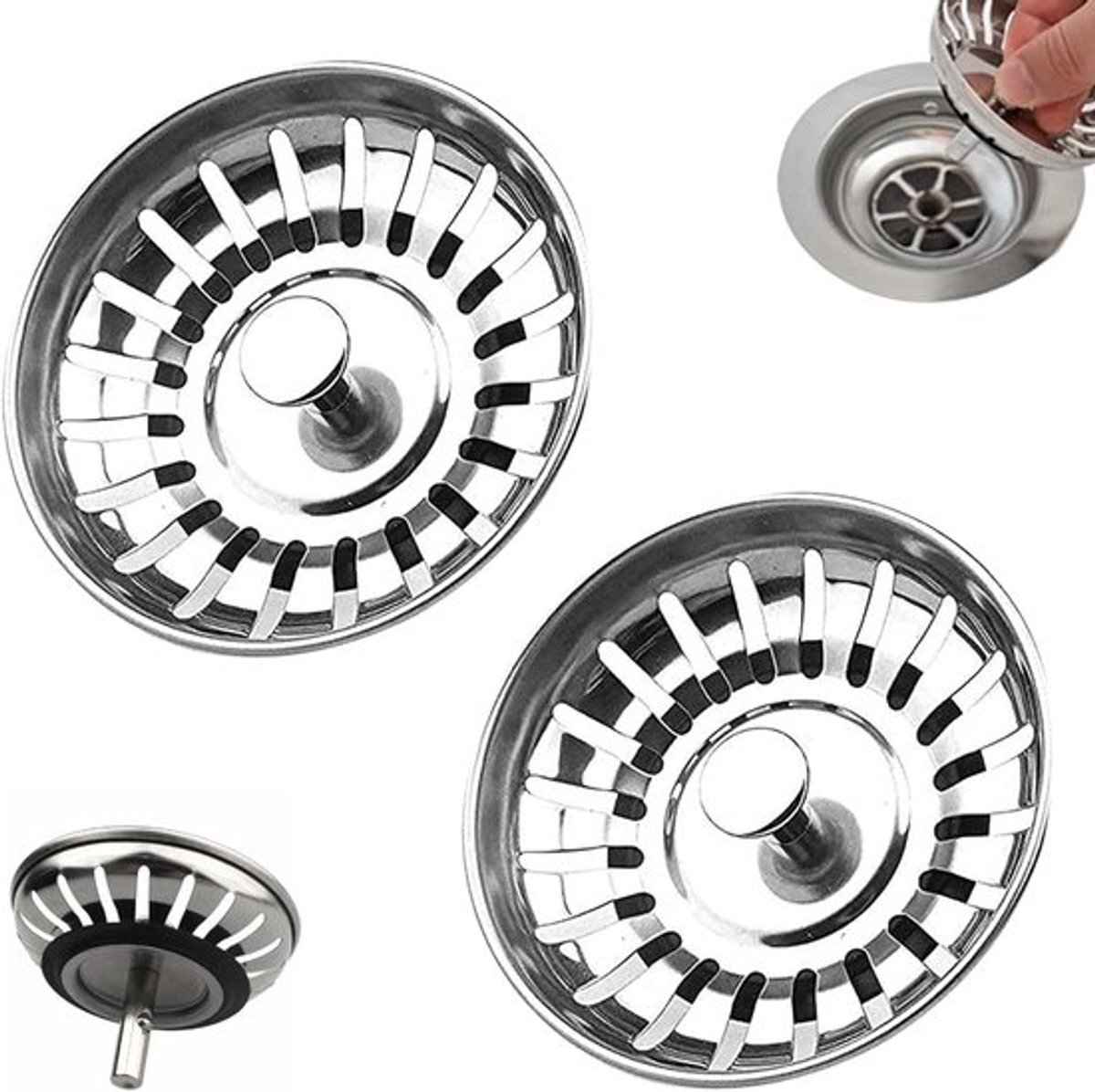 Effectieve Afvoerstop voor Keuken, 78 mm - RVS Afvoerzeef met Filterfunctie, Voorkomt Verstoppingen van Eten en Haar, Set van 2