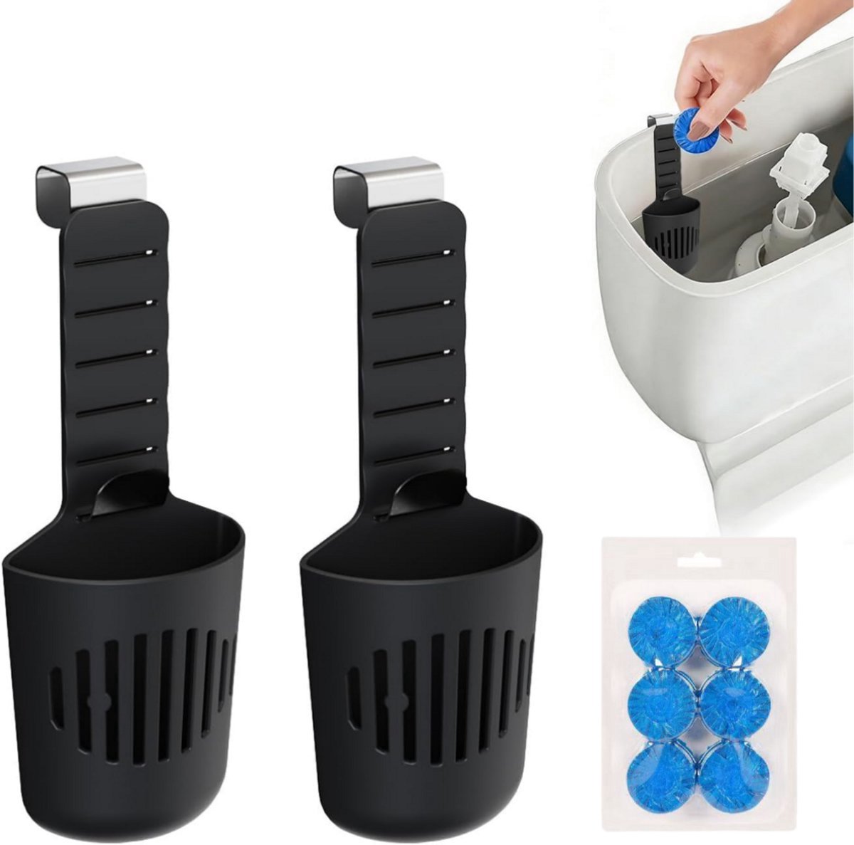 Casalora Toiletblokjes Inbouwreservoir Tablethouder en 6 WC Blokje - Siliconen Houder voor Reinigingstabletten - Hangende Doseerhouder met RVS Haken - Geschikt voor Waterniveau tot 18 cm - Zwart