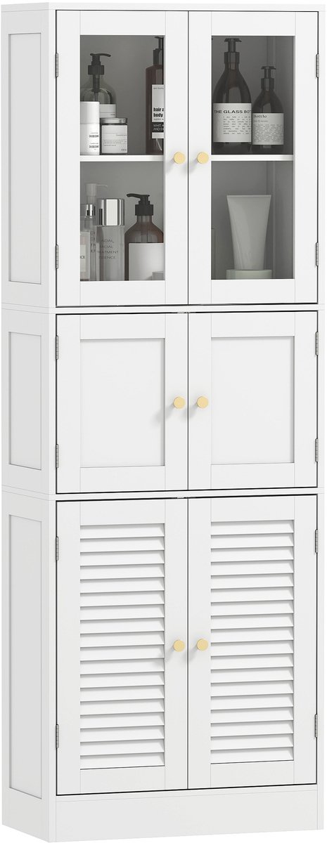 ECTEATOY® Kolomkasten - Hoge Badkamerkast - Opbergkast met 6 Deuren (2 Glas, 2 Lamellen) - Verstelbare Planken - MDF - 60x30x170 cm - Wit
