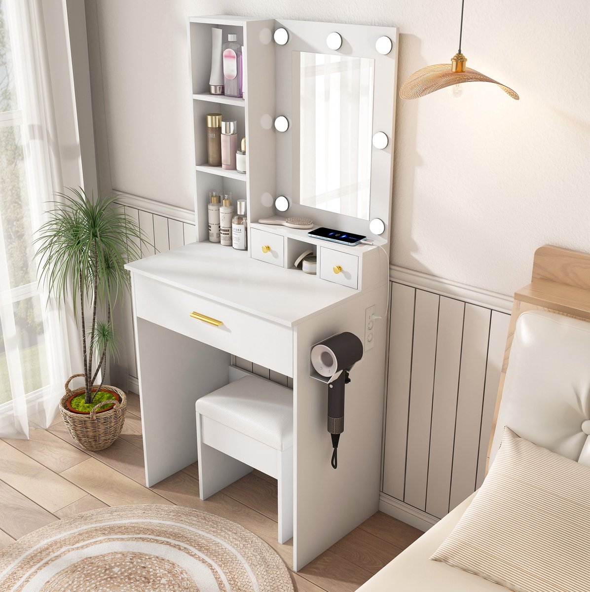 DESMIU Desmidesmiu Kaptafel – Spiegel Met 3 Lichtstanden, Stopcontact En Föhnhouder – 60 x 131,5 x 38 cm – MDF – Wit – Voor Opmaakhoek