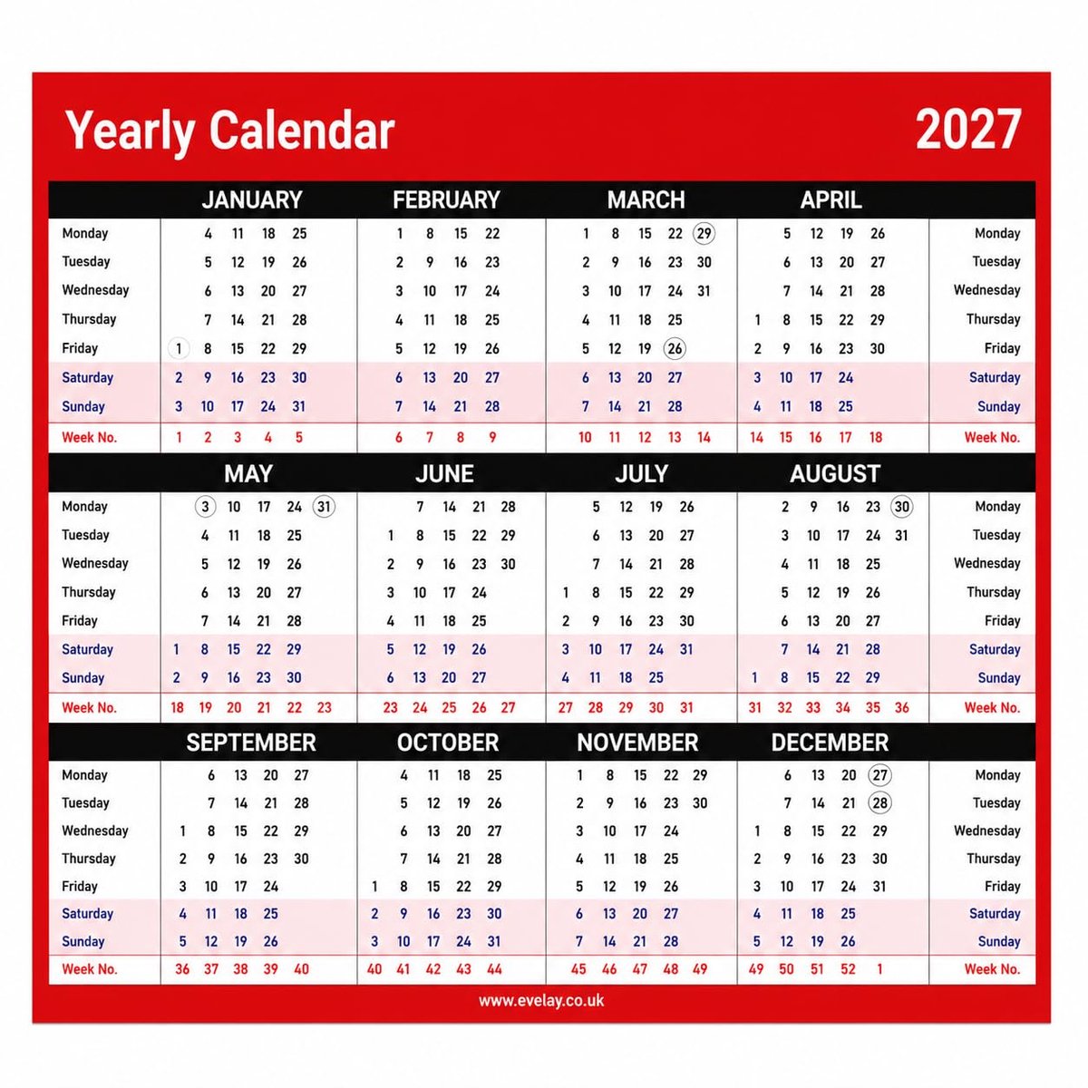 Bureaukalender 2027 - vrijstaand 25 x 20cm - rood - overzichtelijke desktop planner - ShopVlot