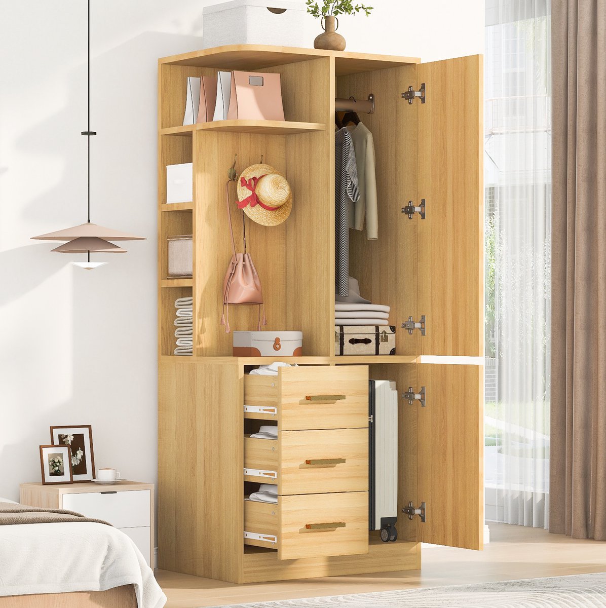 STILVORA Kledingkast - Een Deur Met Legplanken Lades En Hanggedeelte - Voor Slaapkamer En Kleine Ruimtes - Houtkleur - 70x50x170 Cm Natuurhoutkleur