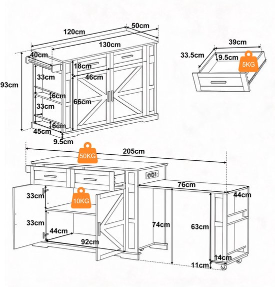 STILVORA Keukeninsel - Uittrekbaar Werkblad Met Stopcontact En Usb - Veel Opbergruimte Voor Keuken En Eetgedeelte - MDF - Zwart En Eikenlook - 130x50x93 Cm — afbeelding 3