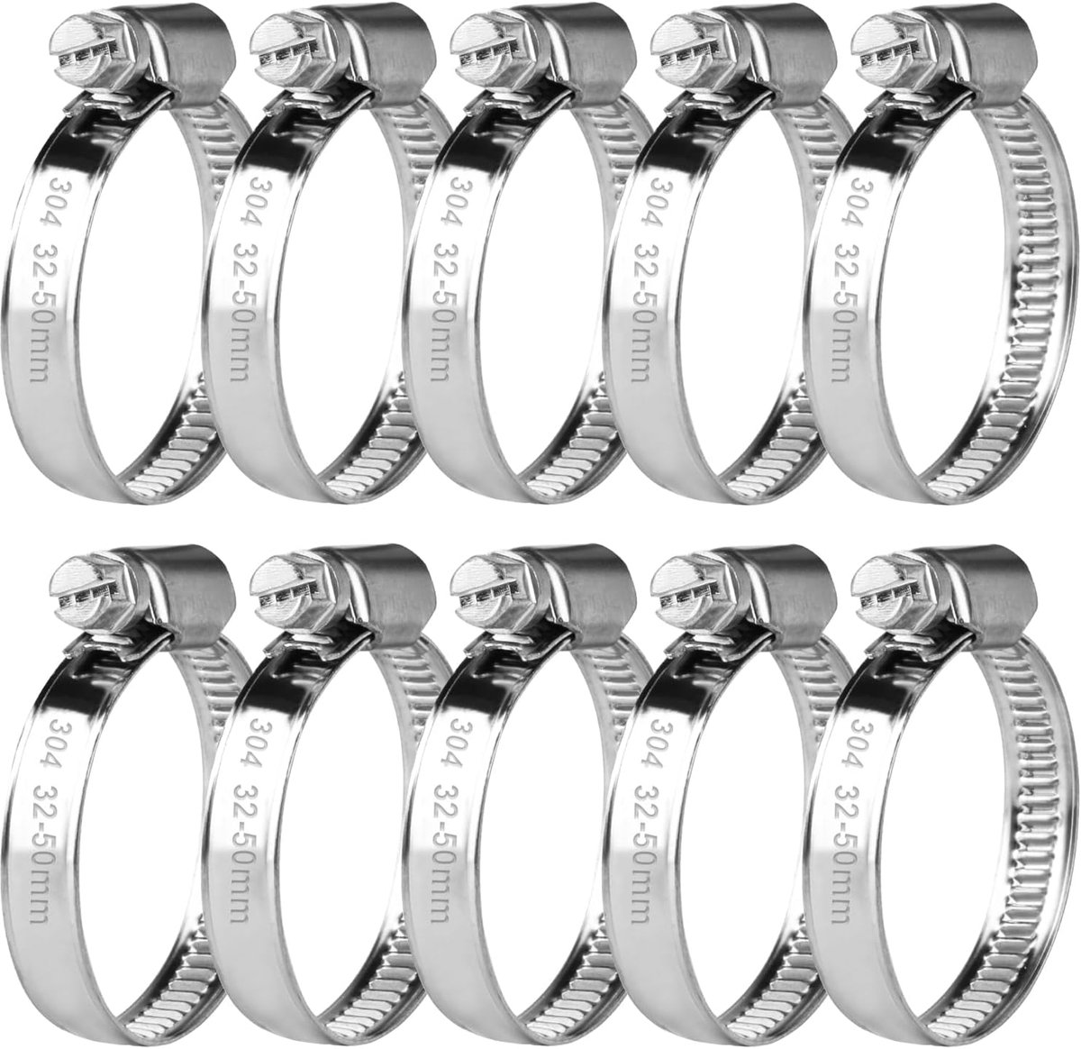 Hose clamps set van 10 stuks - verstelbaar 32-50mm - roestvrij staal 304 - duurzaam en eenvoudig in gebruik - SnelShoppen