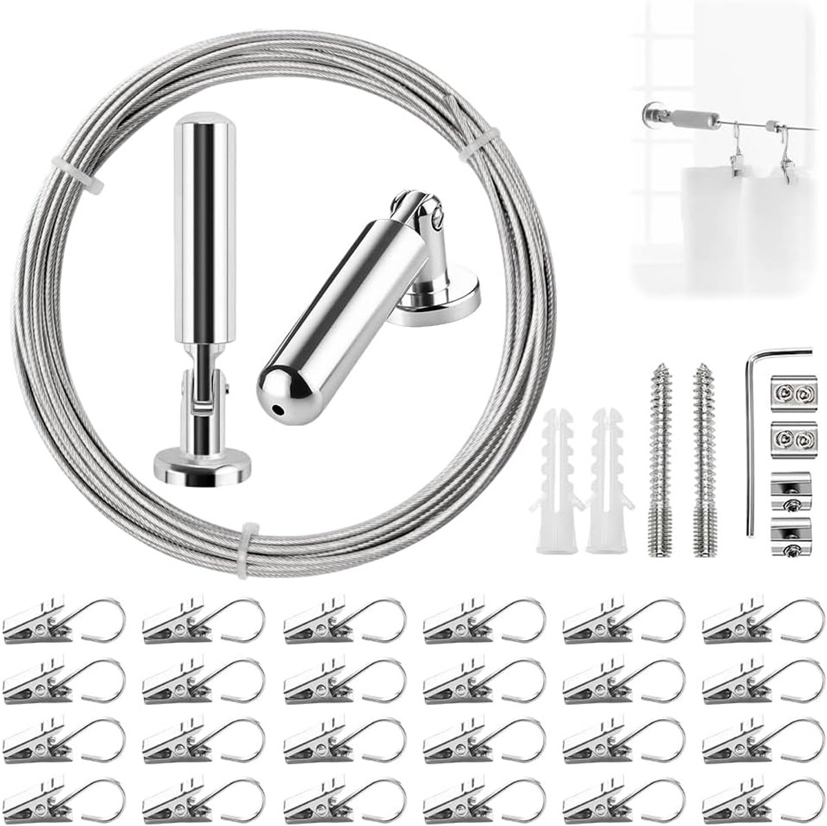 Gordijn touw 5 m - roestvrij staal - 24 metalen clips en haken - ideaal voor douchegordijnen - SnelShoppen