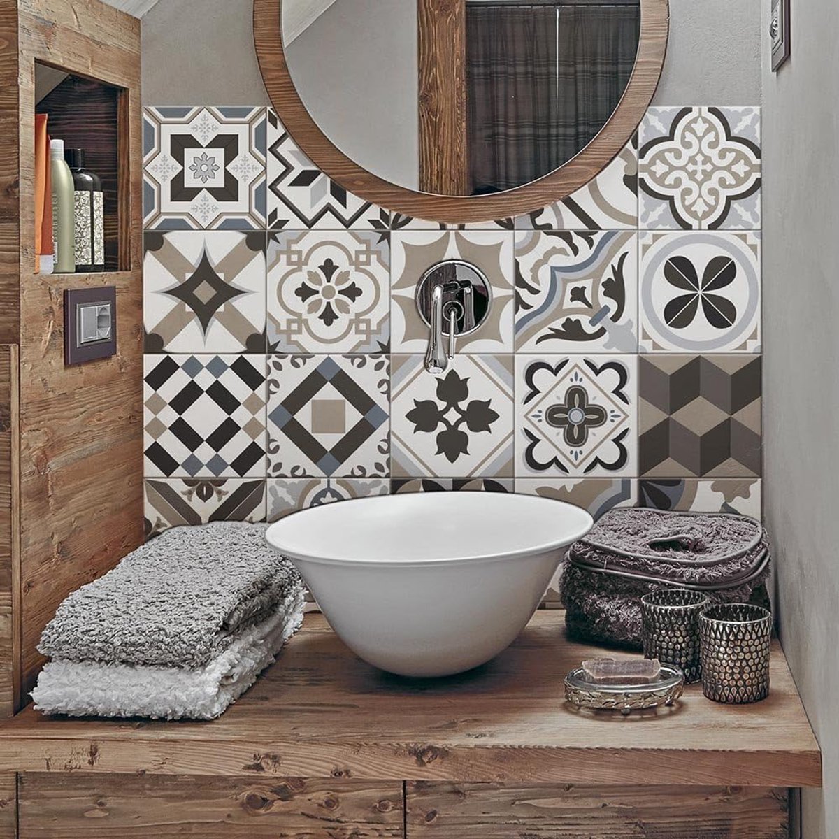 Tegelstickers Badkamer en Keuken 24 Pcs 10x10 cm - PS00089 Wanddecoratie van PVC Waterbestendig Tegels Mozaïek Cementtegels in Azulejos-stijl