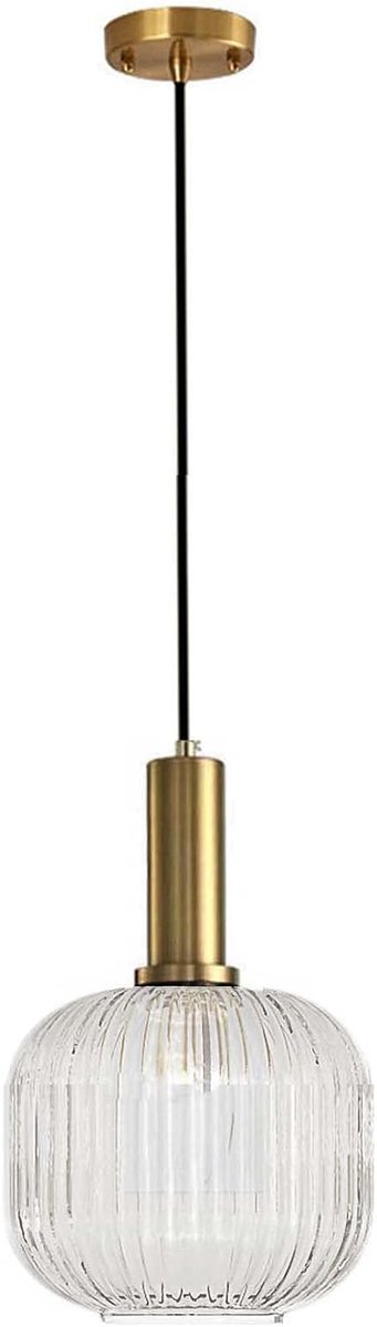 20cm Helder glazen hanglamp met geribbelde glazen lampenkap en bronzen afwerking, moderne retro plafondlamp hanglamp voor nachtkastje, eettafel en keukeneiland
