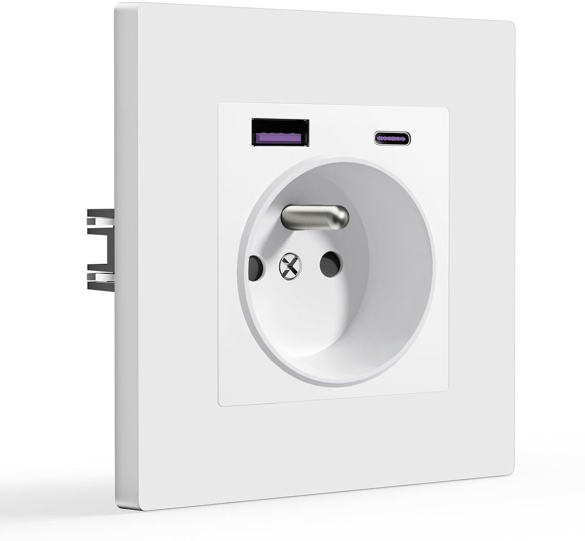 USB C Wandcontactdoos,Inbouwcontactdoos met 20W Snelladen USB A en 1 Type C,1 Gang,Franse Standaard Contactdozen 16A 250V met Kunststofpaneel,86 * 86mm Wit