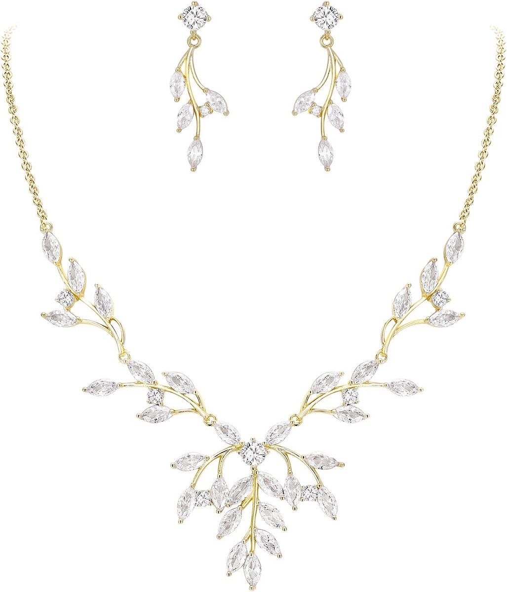 FAITH Ronde kubieke zirkonia sieradenset in de vorm van een wijnstokblad Marquise ketting en oorbellen helder zilvertint set voor feest