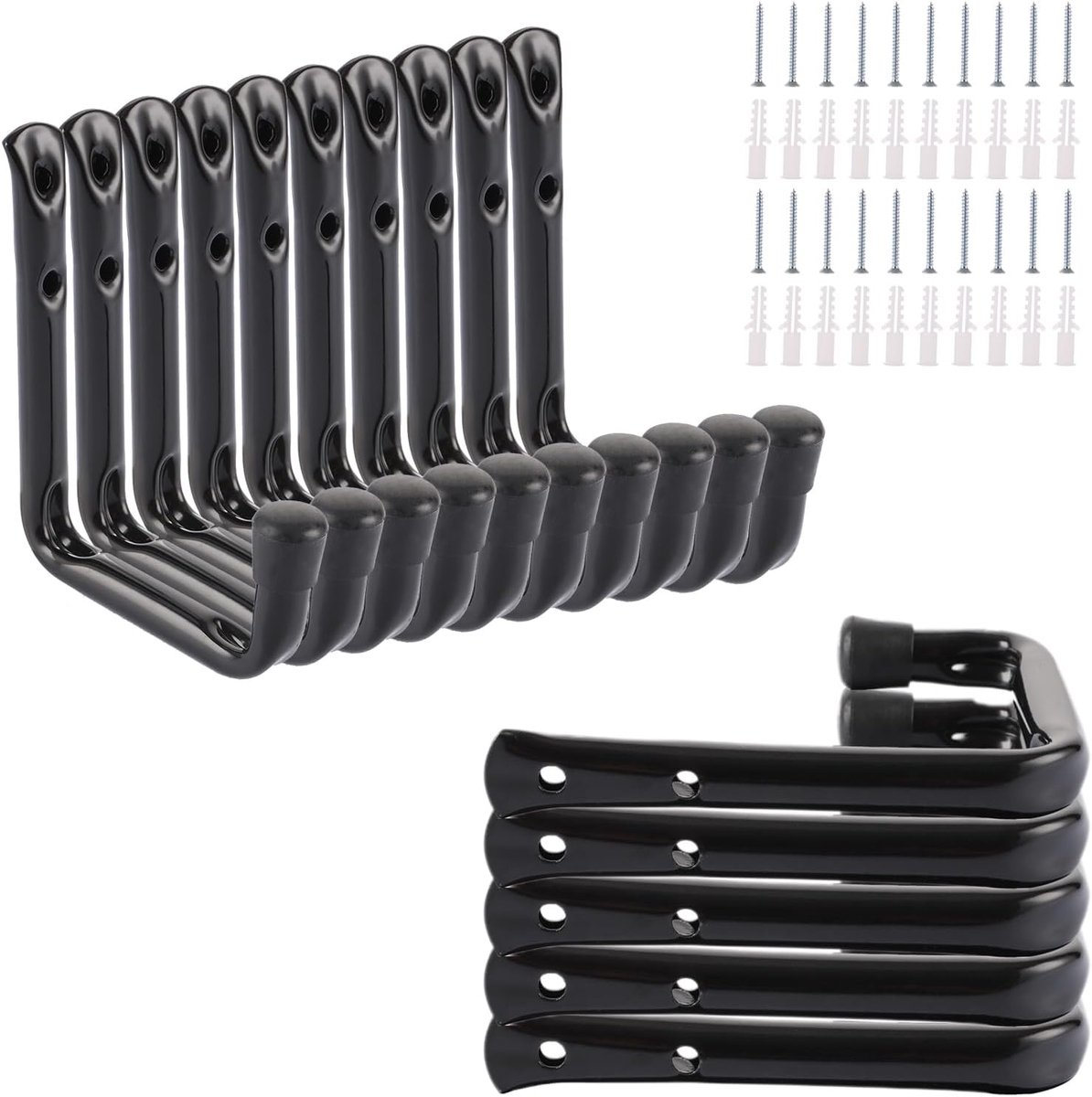 Haken voor garage, 12 x 9 cm, zware lasthaken, voor zware belasting, zwart, ladderhaken met expansieschroeven en zelftappende schroeven voor gereedschap, kelder, garage