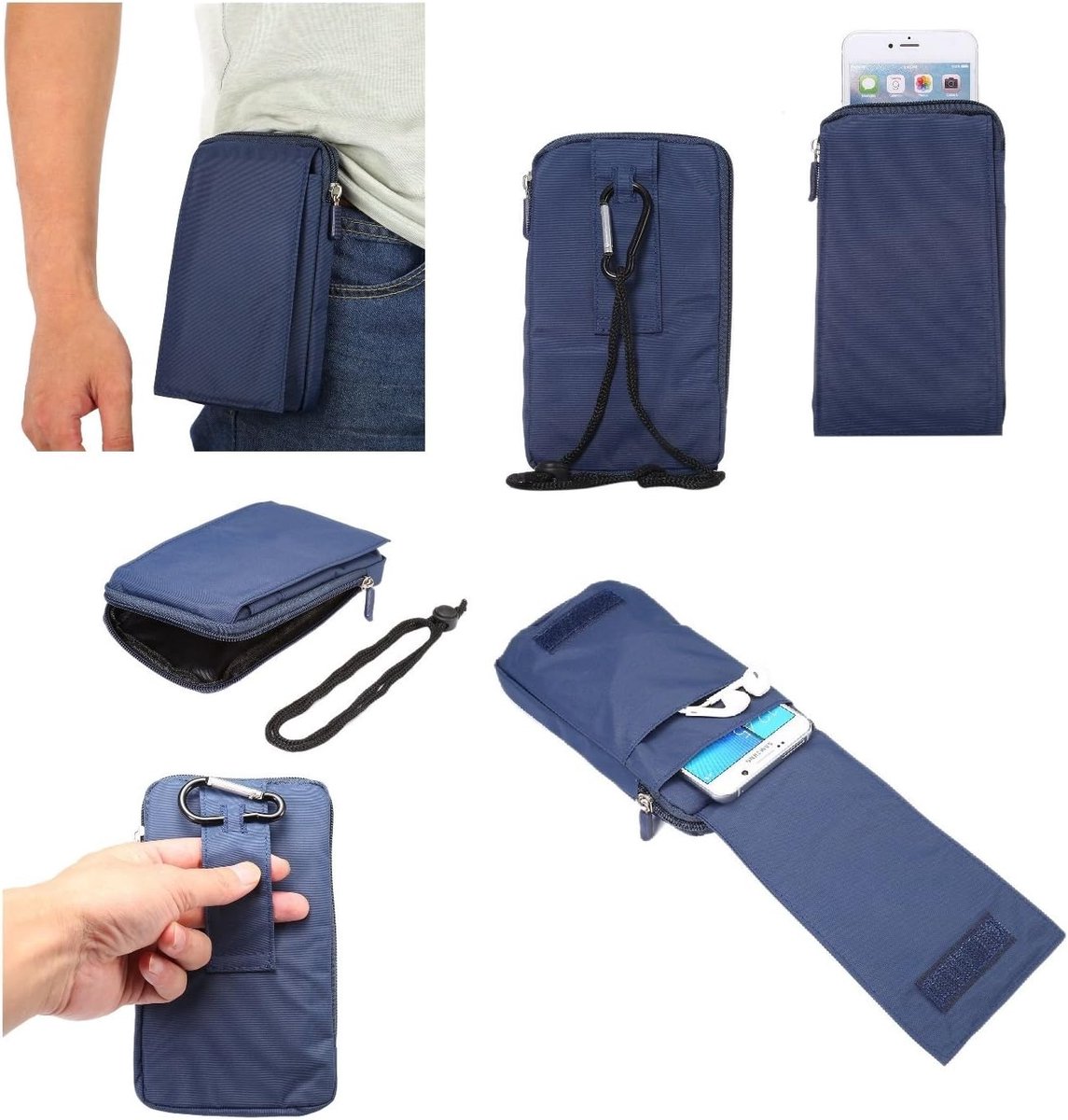 Universal Vertical Stripes Pouch Bag Case Rits Sluiting Carabiner compatibel met HTC One Mini - Blue XXM (18 x 10 cm)